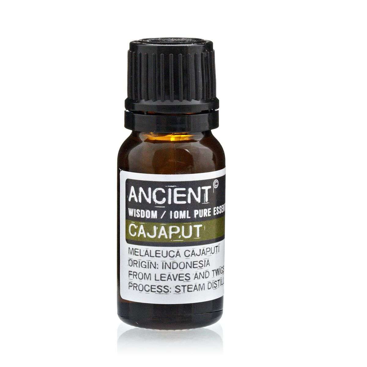 10 ml bottle of Cajaput Essential Oil from Melaleuca Cajuputi leaves and twigs, steam distilled in Indonesia