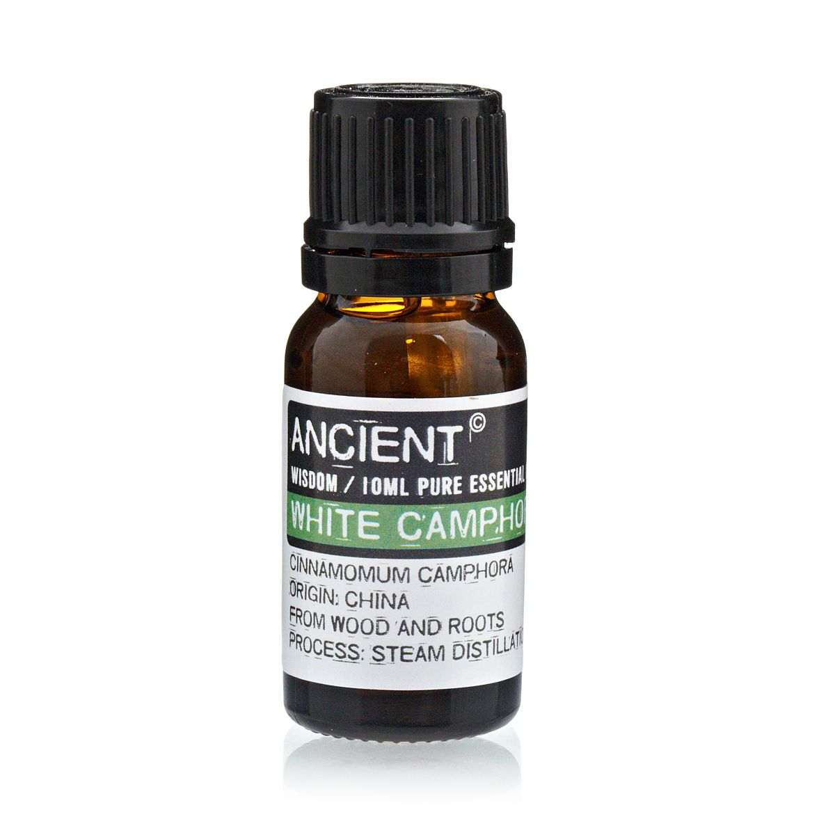 10 ml bottle of White Camphor Essential Oil from Cinnamomum Camphora wood and roots, fresh woody aroma, respiratory relief and pain reduction