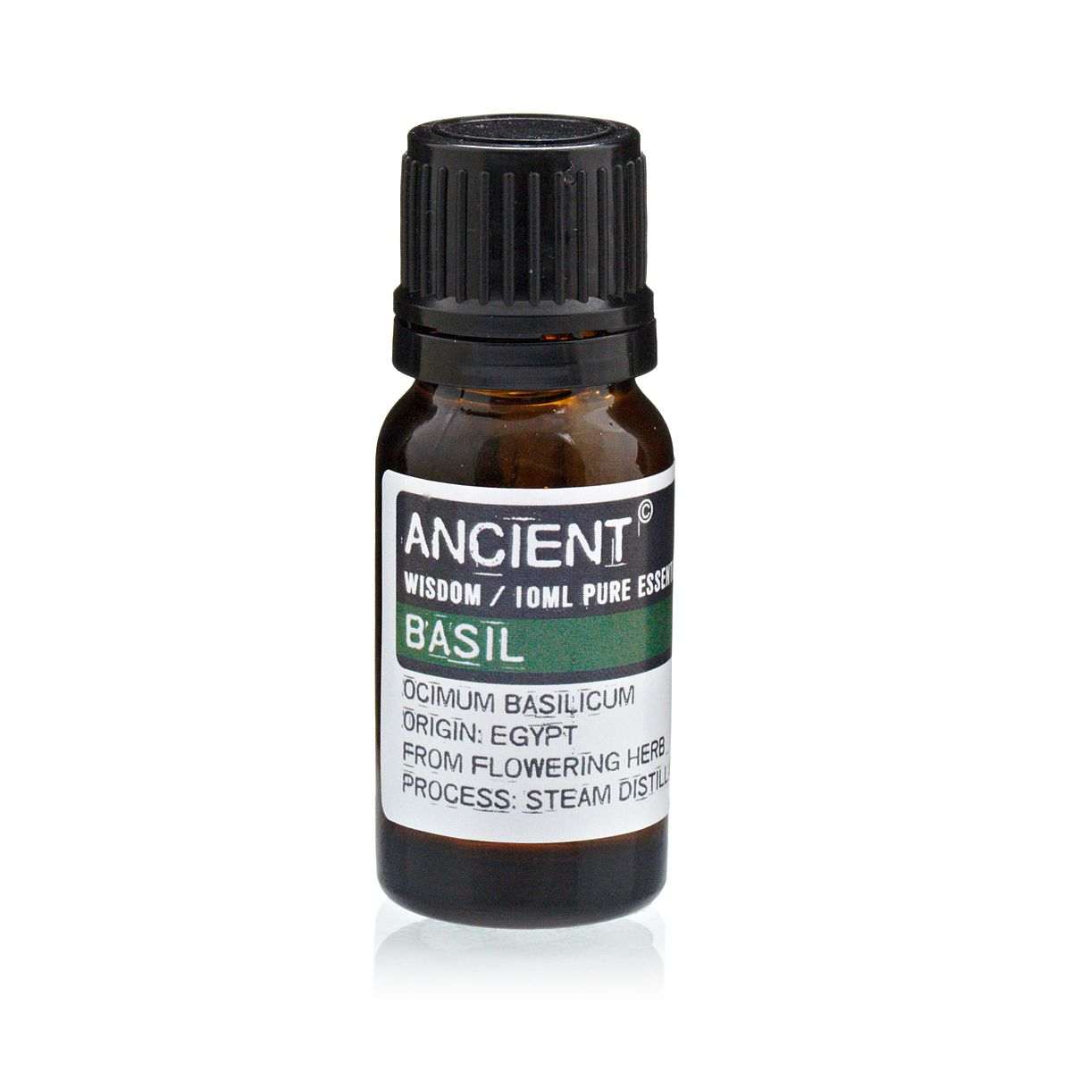 10 ml bottle of greenish-yellow Basil Essential Oil from Ocimum Basilicum, steam distilled from flowering herb leaves.