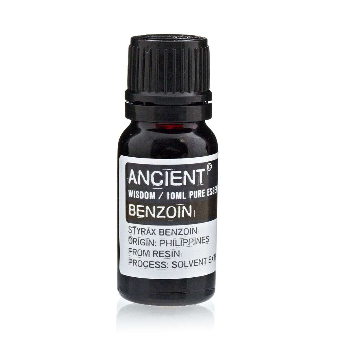 10 ml Benzoin Essential Oil bottle with natural resin background from Styrax Benzoin plant