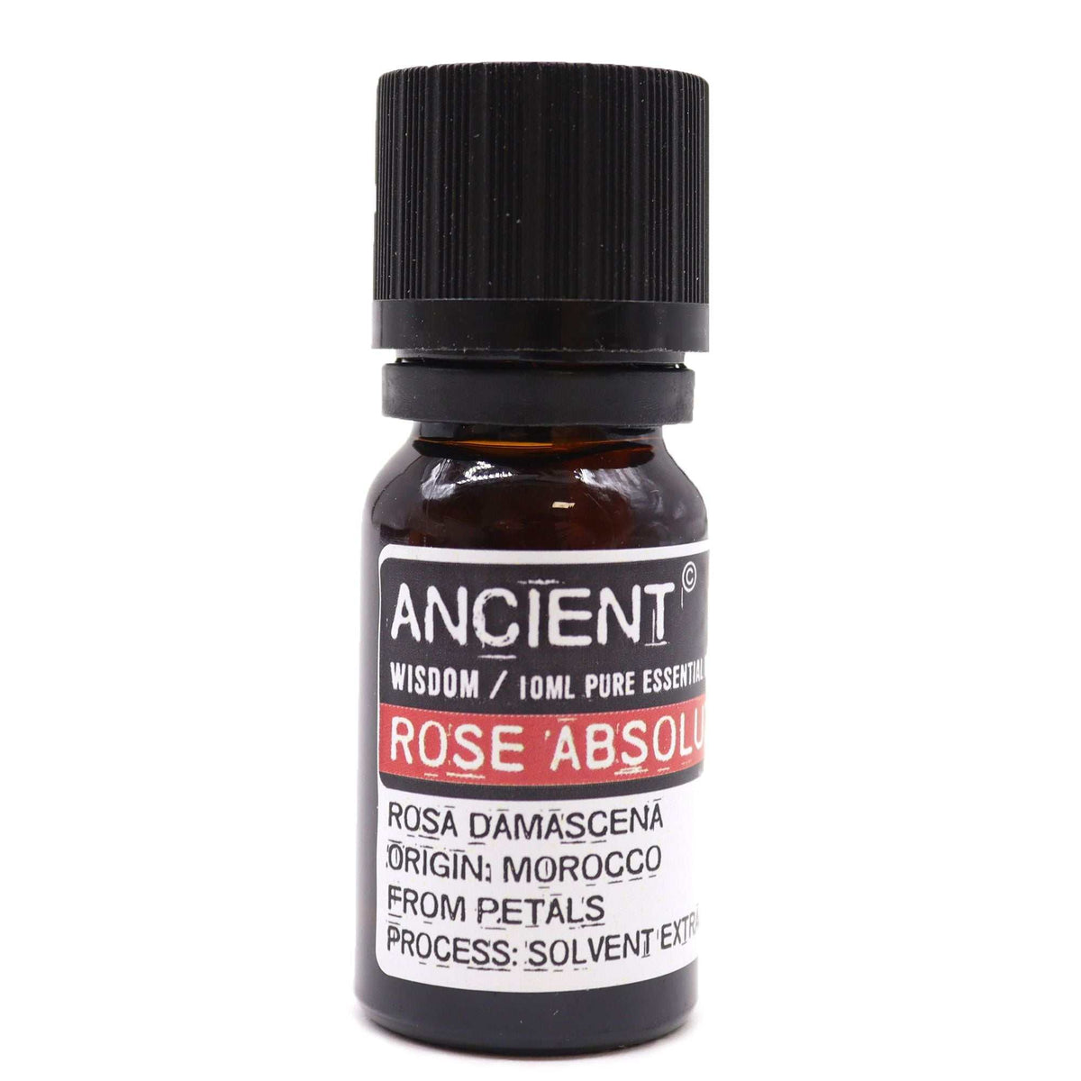 10 ml bottle of Rose Absolute essential oil extracted from Rosa Centifolia petals in Morocco