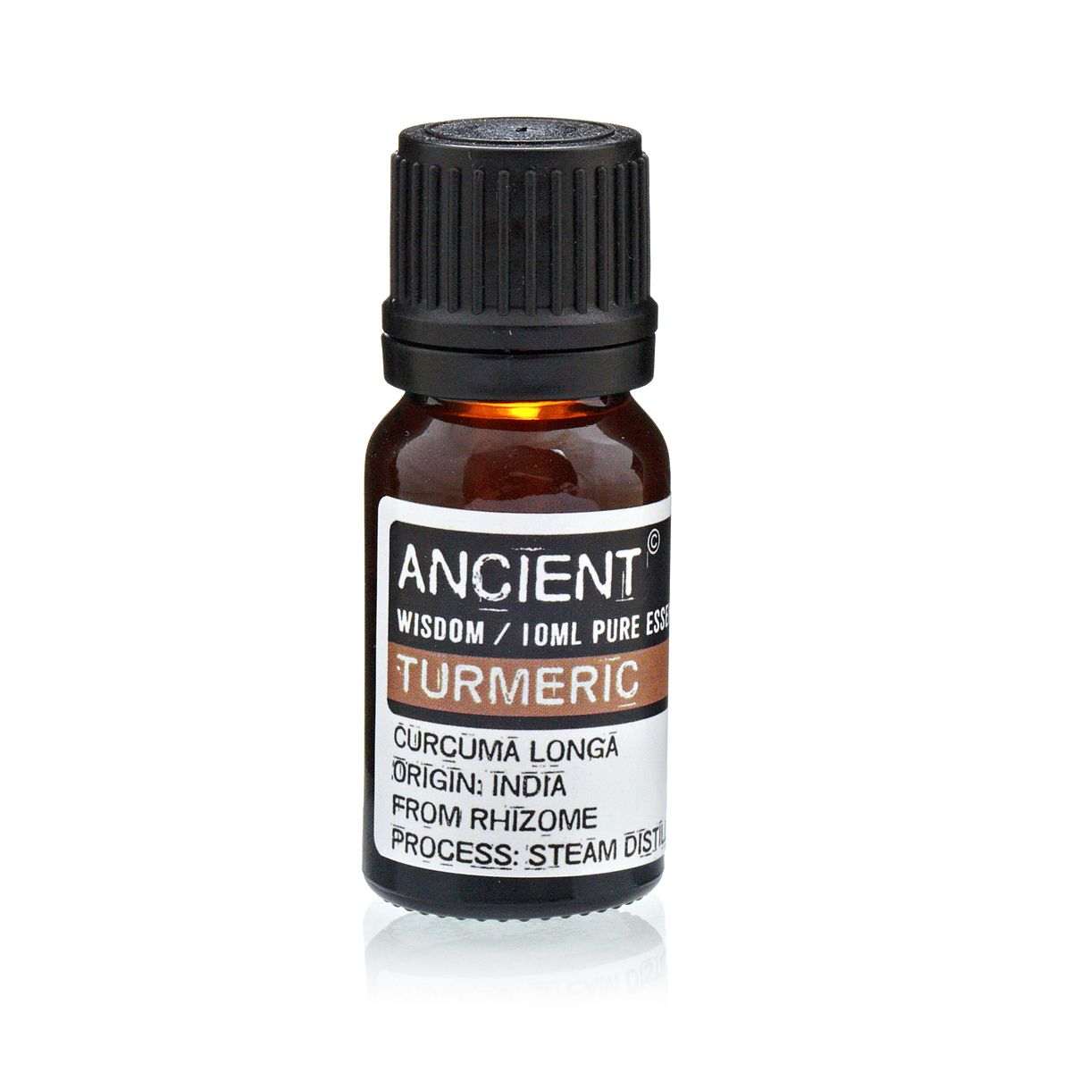 Turmeric Essential Oil 10ml bottle with turmeric root background and warm earthy tones