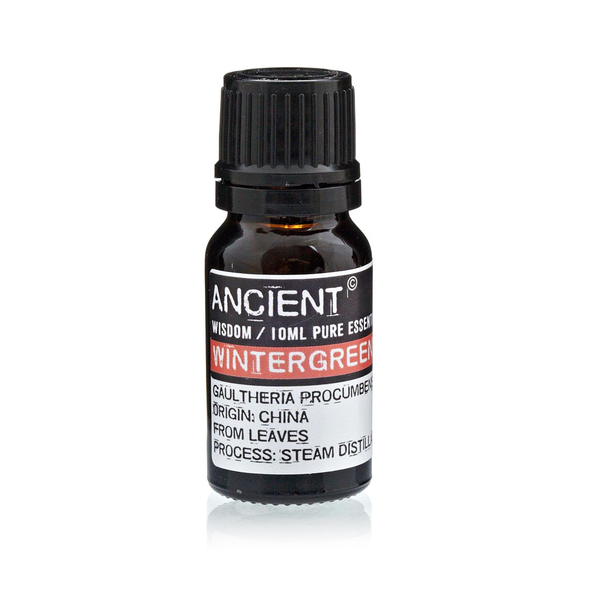 10ml bottle of Wintergreen Essential Oil from Gaultheria Fragrantissima leaves, China, with sweet minty aroma