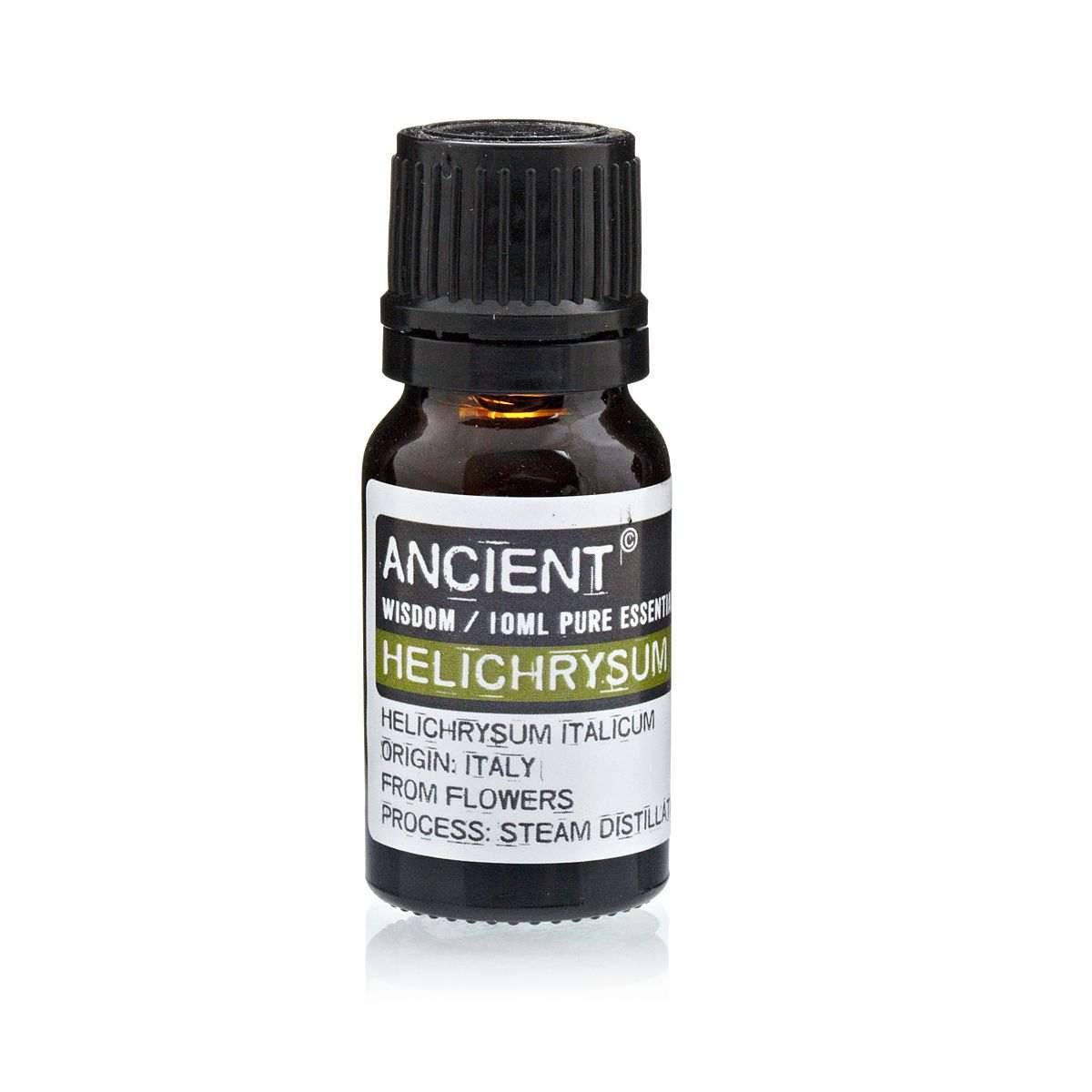 10ml bottle of Helichrysum Essential Oil with golden yellow flowers