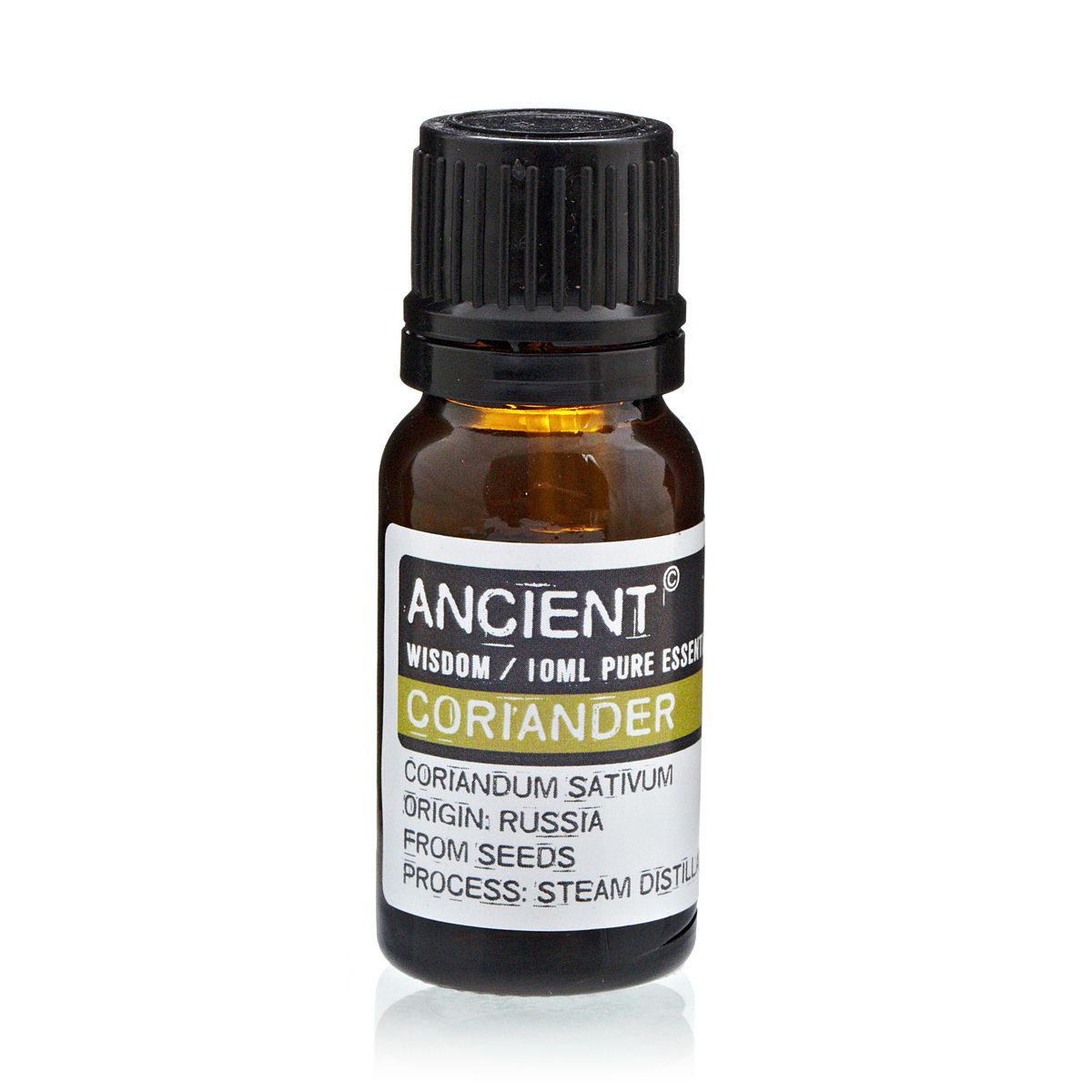 10 ml bottle of Coriander Seed Essential Oil extracted from Coriandrum Sativum seeds via steam distillation in Russia