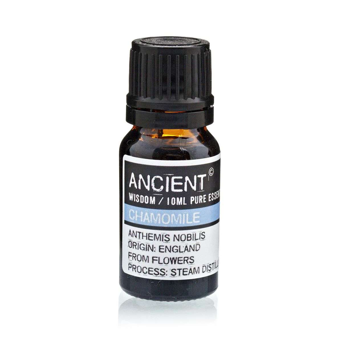 10 ml bottle of Roman chamomile essential oil with calming properties and light blue color