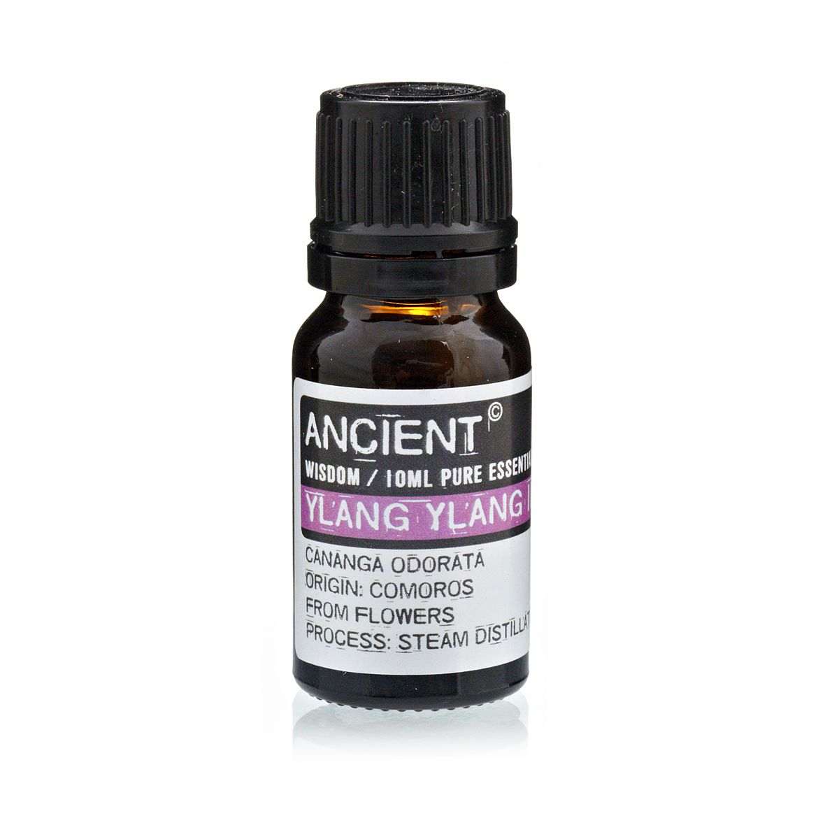 10 ml bottle of Ylang Ylang Essential Oil with yellow flowers and green leaves