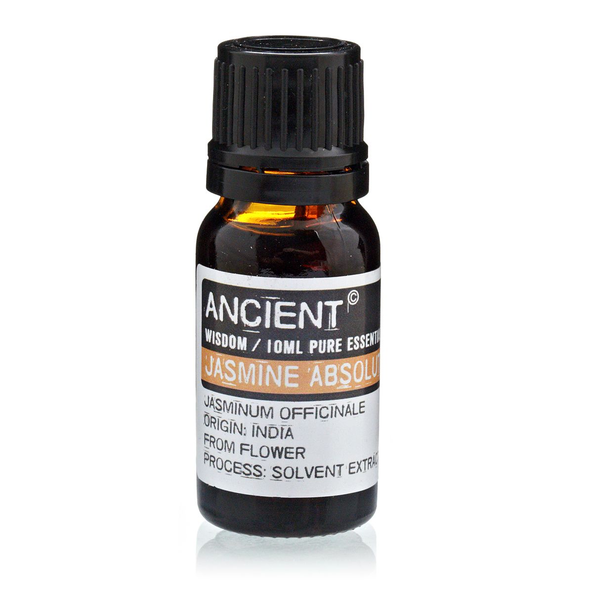 10 ml bottle of Jasmine Absolute Essential Oil with white jasmine flowers and green leaves