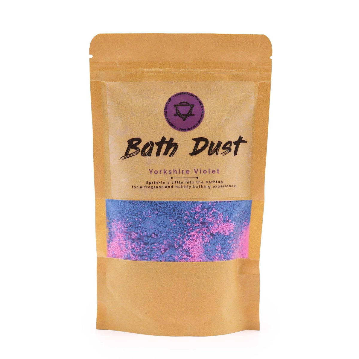 Yorkshire Violet Bath Dust 190g container with violet flowers, luxury vegan bath product