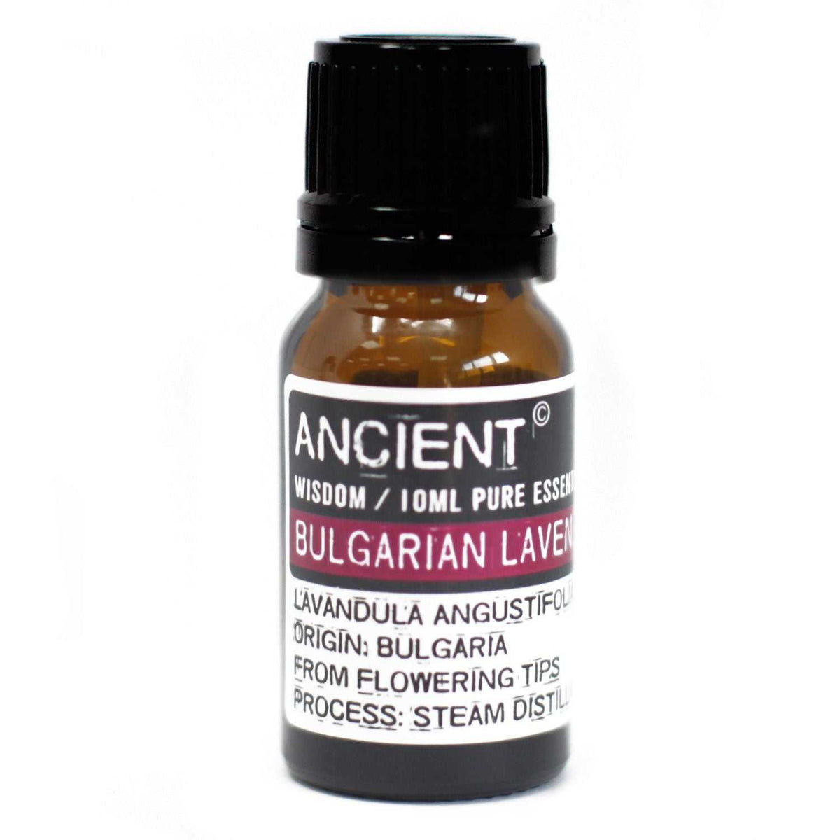 10ml bottle of Bulgarian Lavender Essential Oil with lavender flowers background