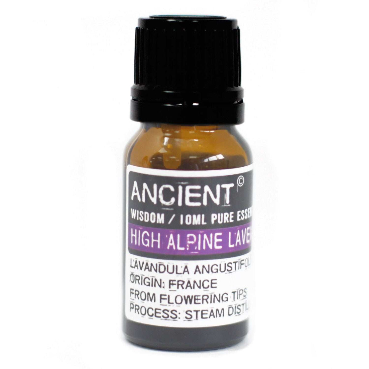 High Alpine Lavender essential oil 10ml bottle with lavender flowers for aromatherapy and natural healing
