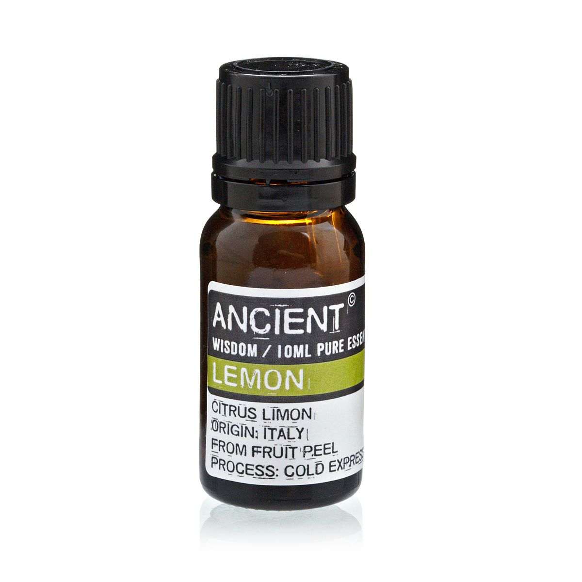 10 ml bottle of lemon essential oil extracted from Citrus Limon fruit peel