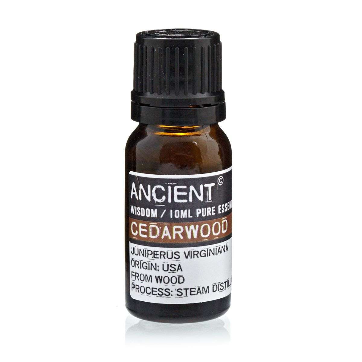 10 ml bottle of Cedarwood Virginian Essential Oil with wooden background