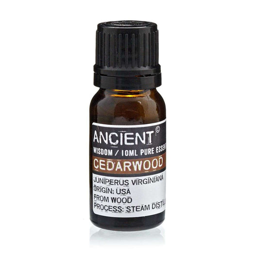 10 ml bottle of Cedarwood Virginian Essential Oil with wooden background