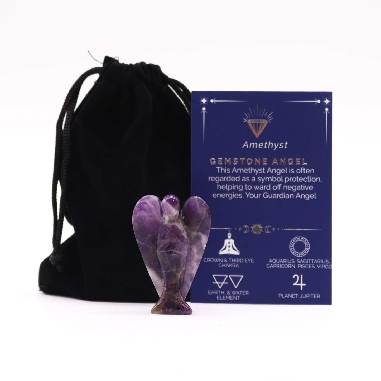 Hand carved amethyst gemstone angel figurine symbolizing spiritual growth and protection