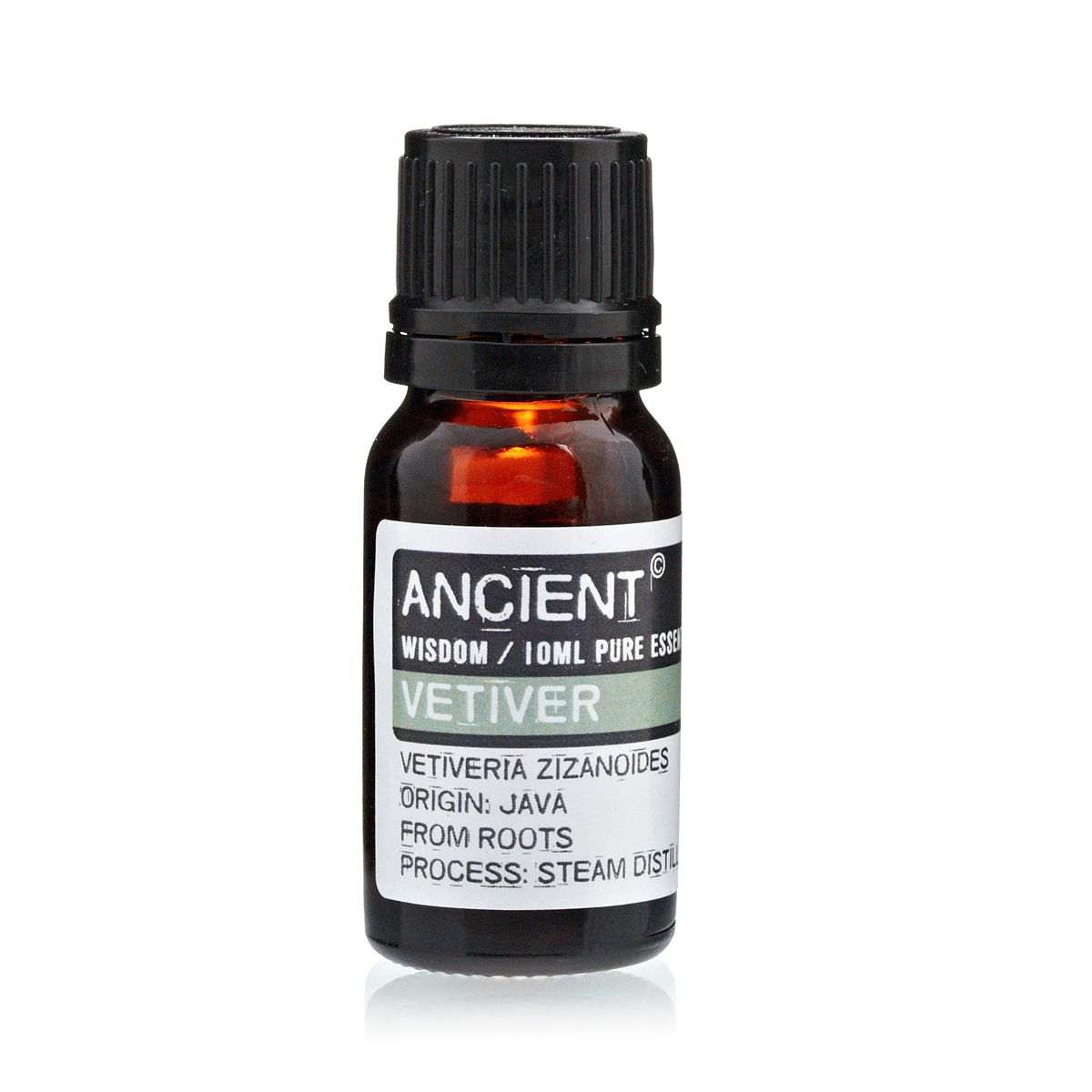 10 ml bottle of Vetivert Essential Oil with Vetiveria Zizanioides roots from Java, steam distilled