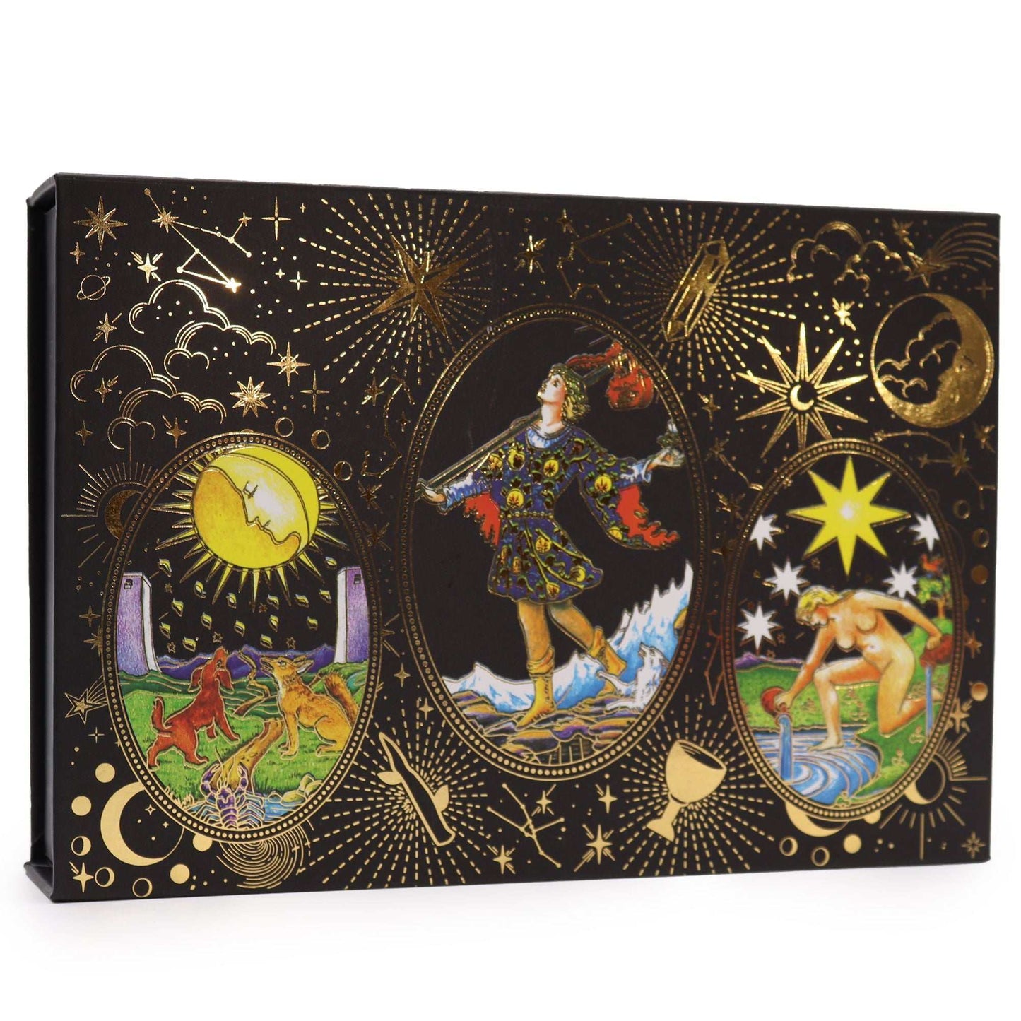 Gold Foil Tarot Gift Set with shimmering gold cards, guidebook, storage pouch, mystical tools, and luxury packaging