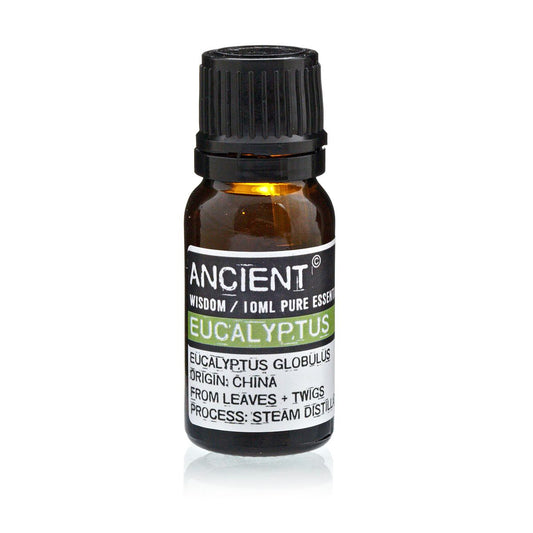 10 ml bottle of Eucalyptus Essential Oil extracted from Eucalyptus Globulus leaves and twigs via steam distillation for aromatherapy and medicinal uses