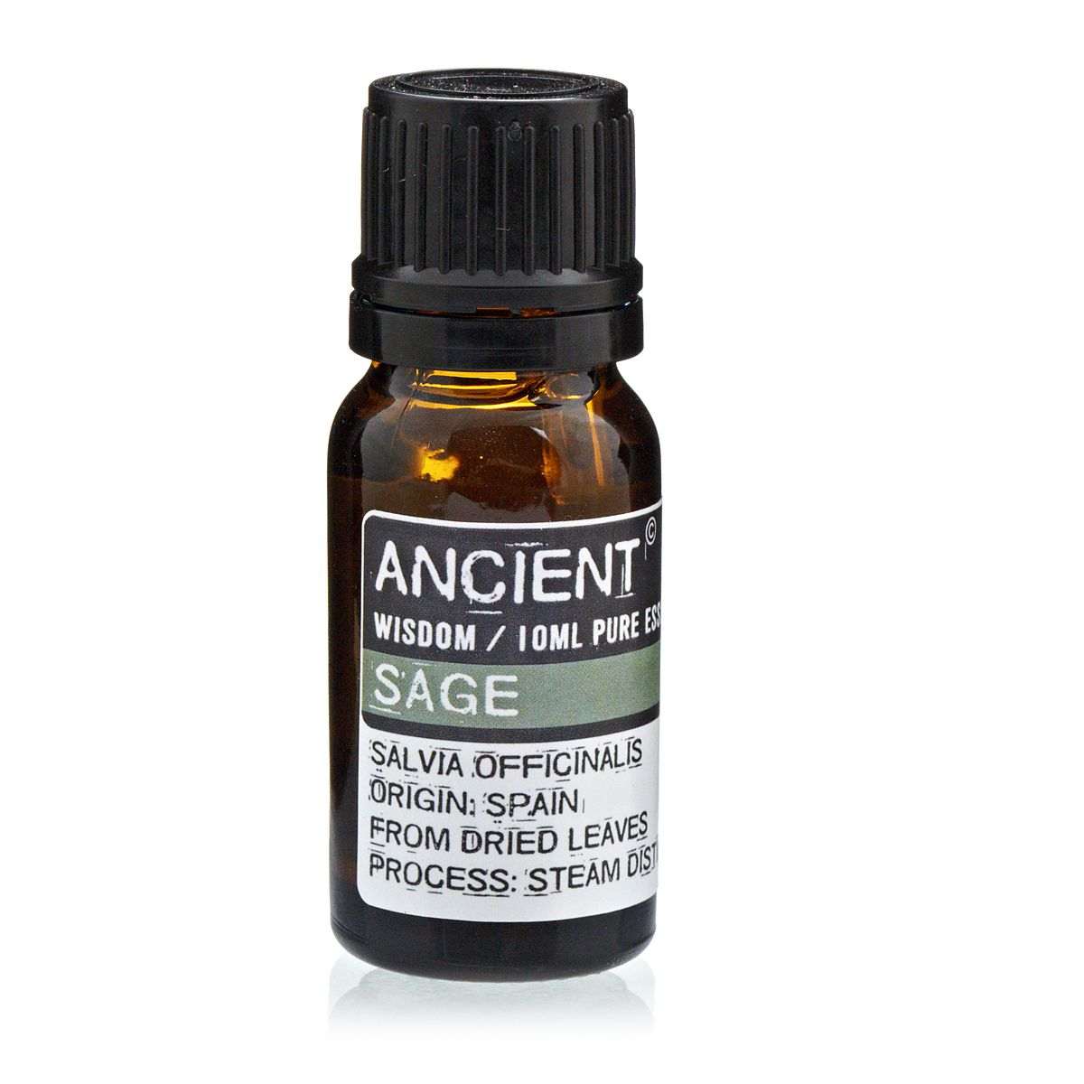 10 ml bottle of sage essential oil with dried leaves from Spain