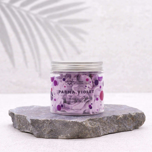 Parma Violet Whipped Soap 120g jar with creamy texture and violet scent
