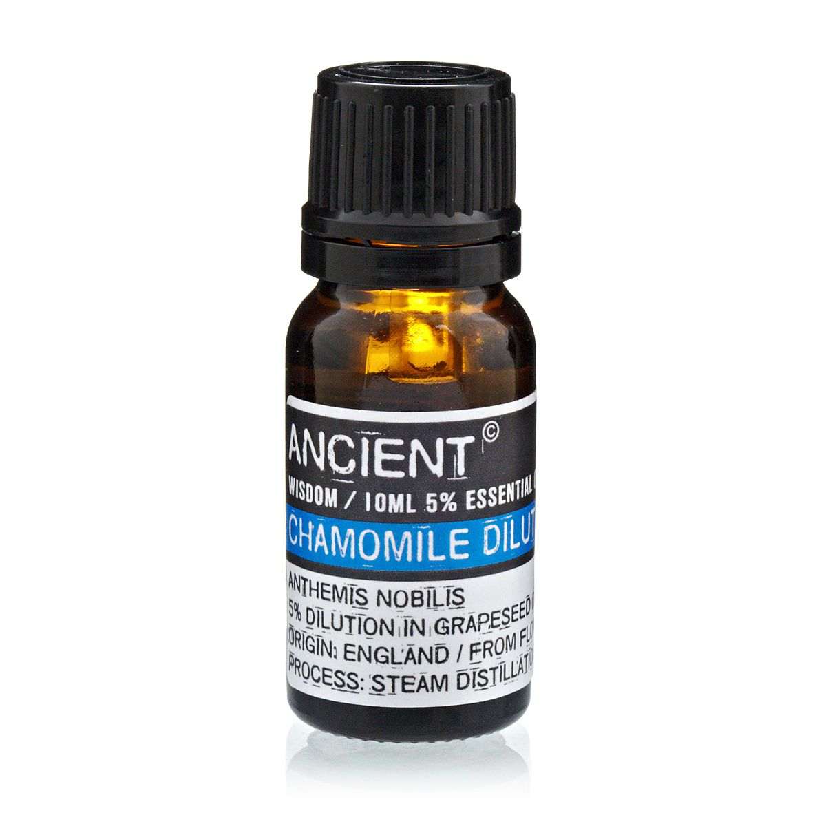 10 ml bottle of Roman chamomile essential oil with light blue color and calming properties