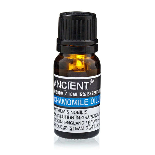 10 ml bottle of Roman chamomile essential oil with light blue color and calming properties