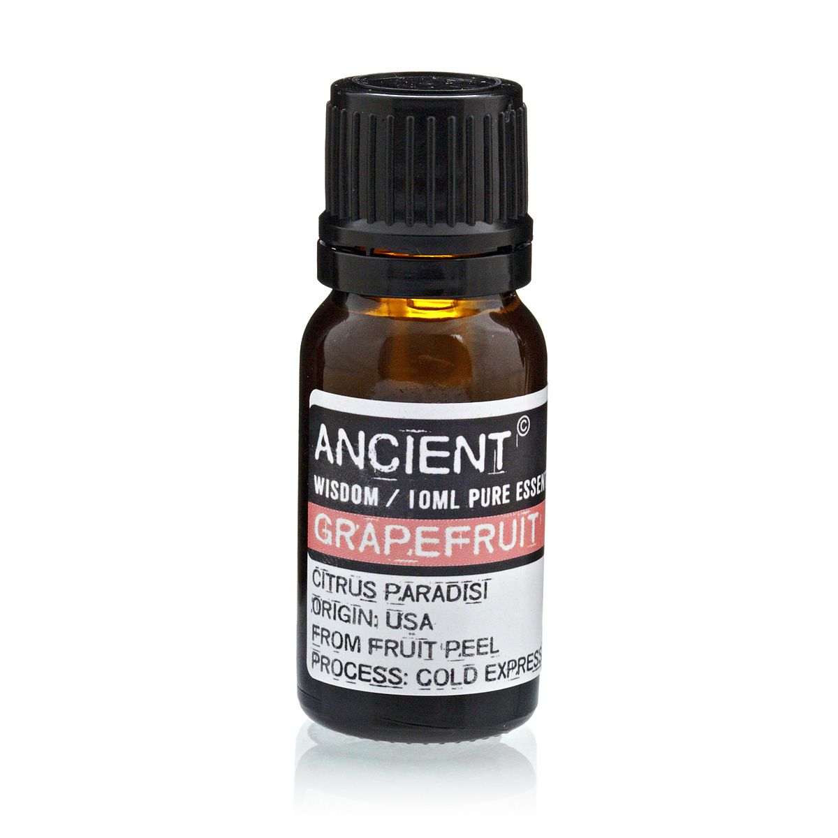 10 ml bottle of grapefruit essential oil from Citrus paradisi fruit peel, cold-pressed, USA sourced