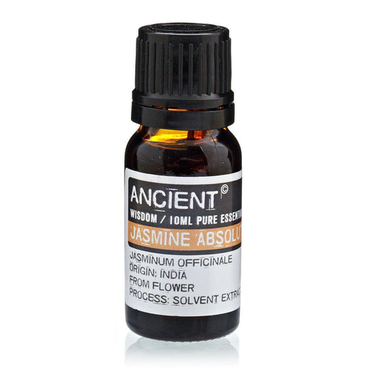 10 ml bottle of Jasmine Absolute Essential Oil with white jasmine flowers and green leaves