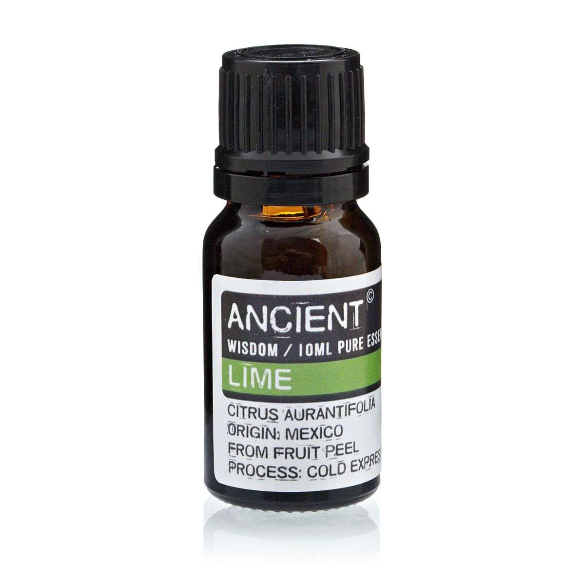 10 ml bottle of Lime Essential Oil from Citrus Aurantifolia with fresh citrus peel and light yellow color