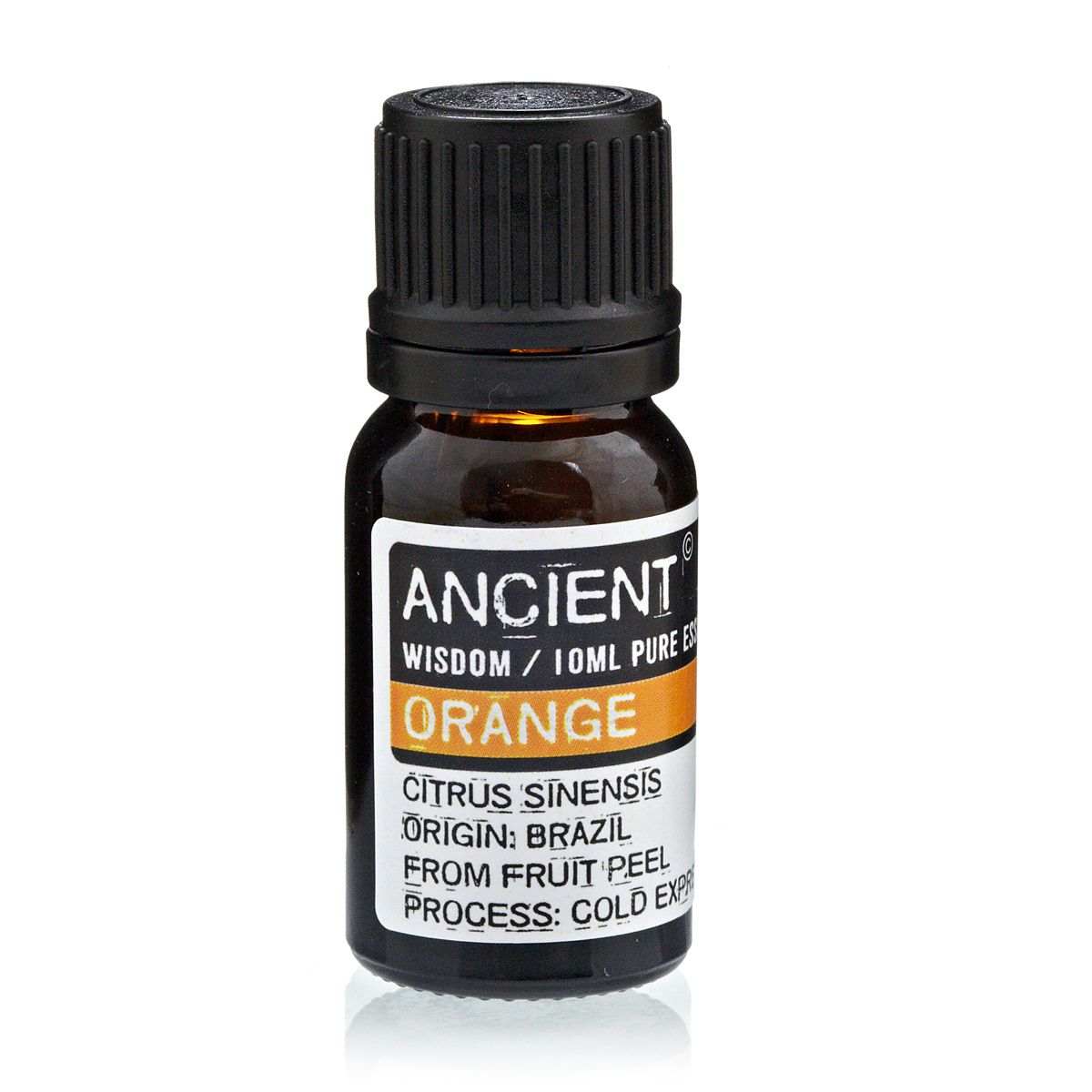 10 ml bottle of Orange Essential Oil from Citrus Sinensis fruit peel, sourced in Brazil and extracted by cold expression